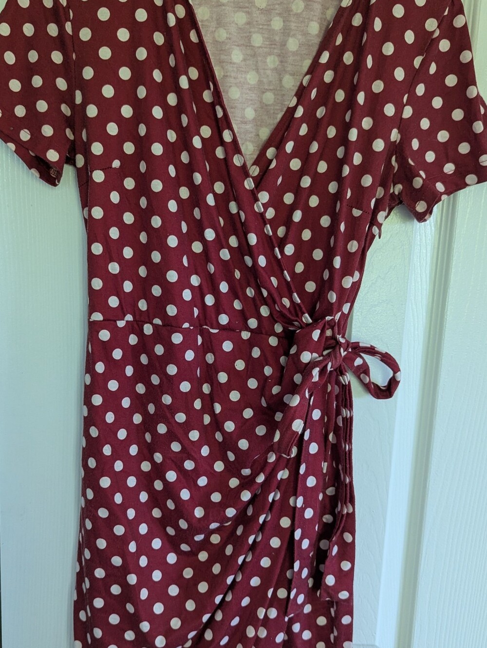 Burgundy Red Wrap Dress with White Polka Dots